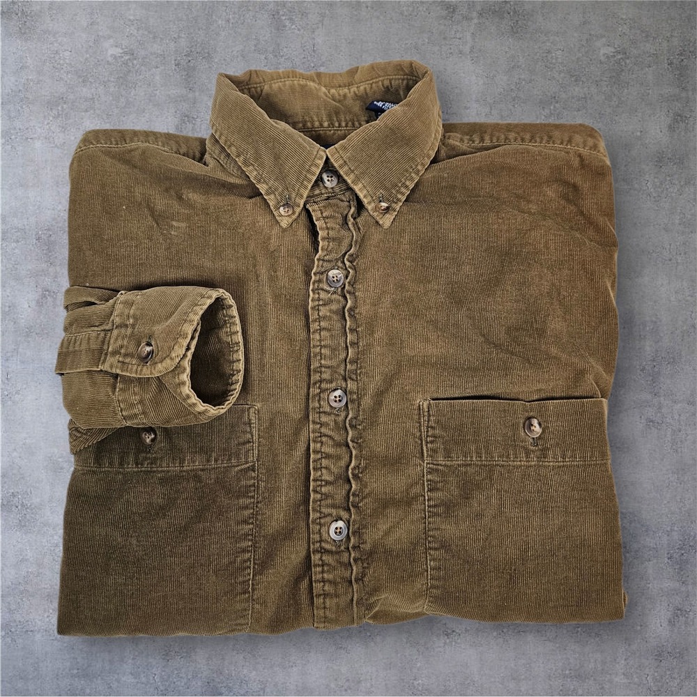 Lands End Mens Corduroy Button Down Shirt Brown Long Sleeve Casual Size Medium